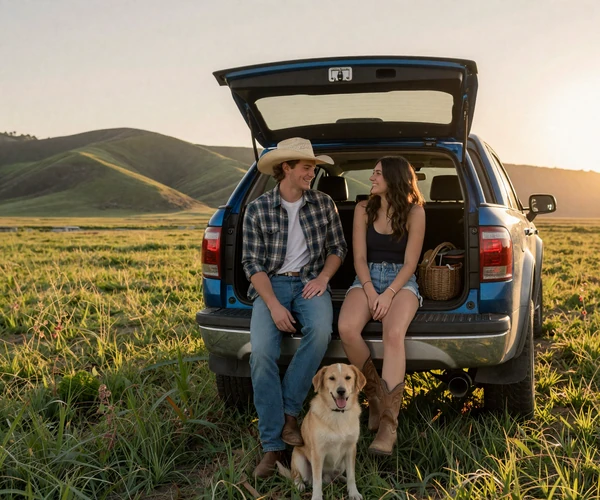 Young country couple sitting on a pickup truck tailgate in a meadow at sunset laughing together