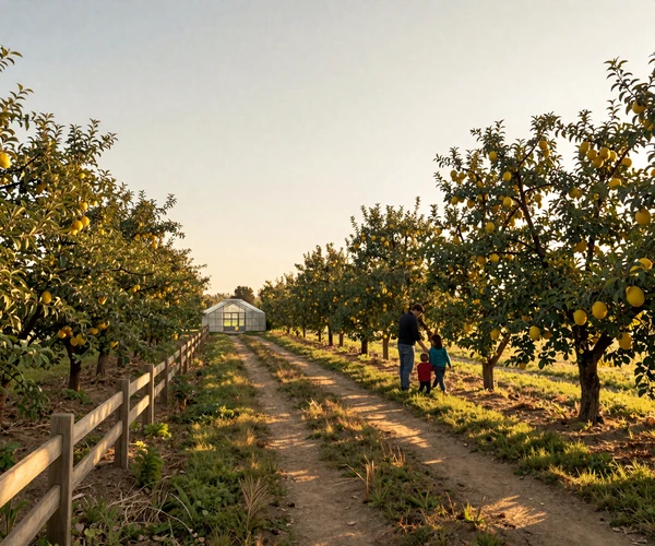 Peaceful family orchard at golden hour with mature fruit trees and a wooden fence along a dirt path