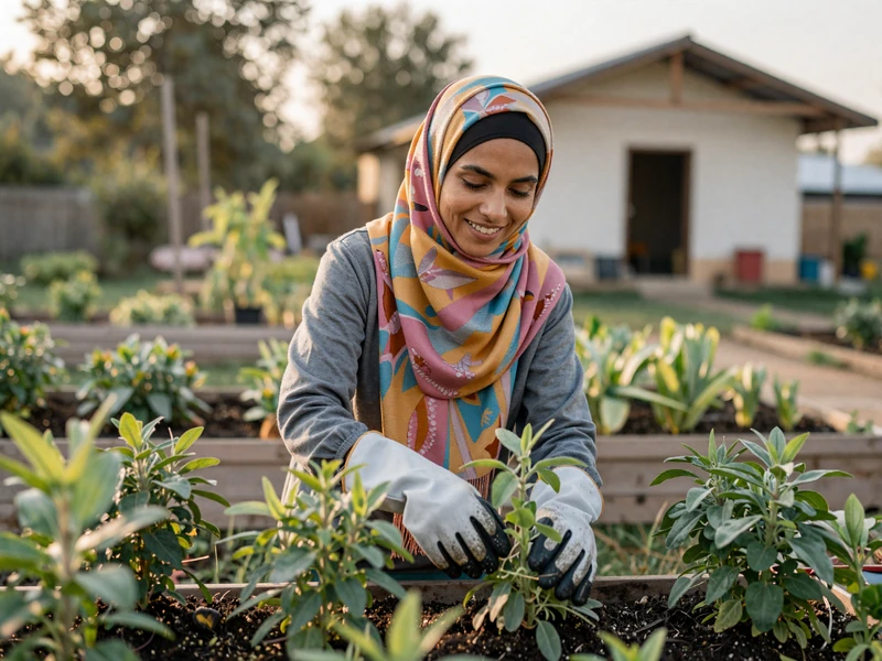 Muslim woman farmer in hijab tending an organic herb garden - Muslim farmers dating