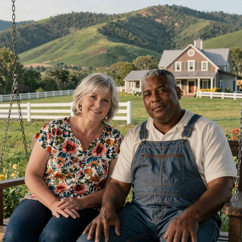 Loretta and James sitting on a farmhouse porch swing in Tennessee with rolling hills behind them