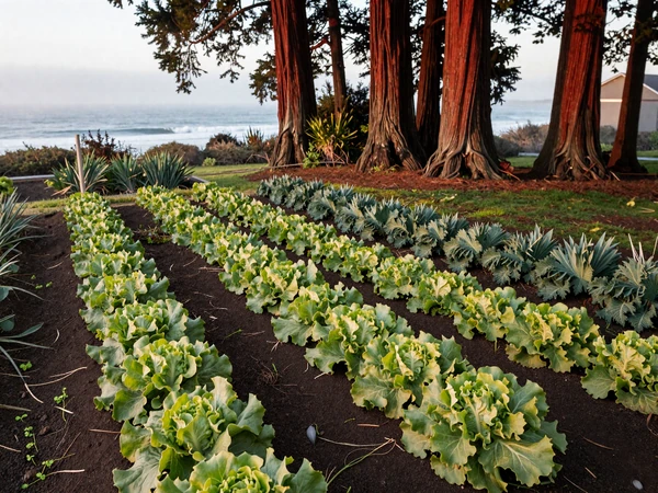 Small organic farm on the California coast near Mendocino with redwood trees and Pacific Ocean view