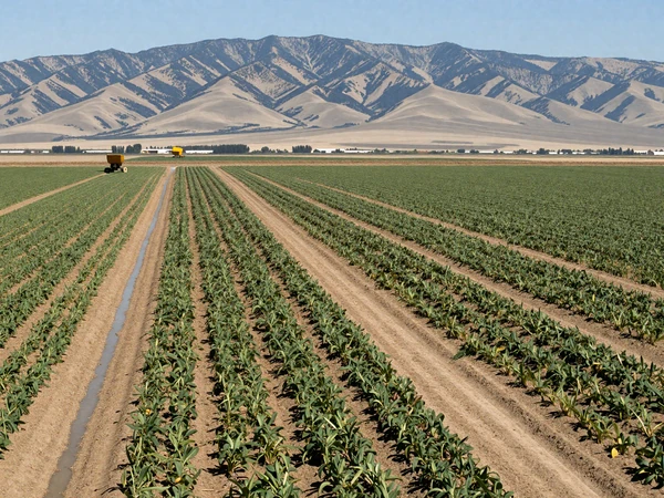 California Central Valley farmland with green crop rows stretching toward Sierra Nevada foothills