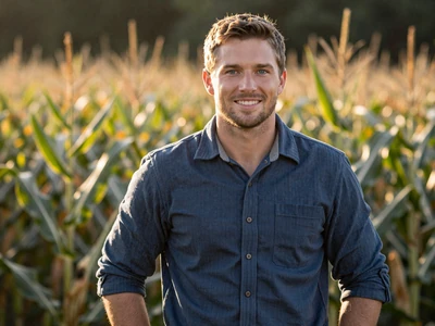Jake, an Iowa corn farmer smiling in his field - farmer dating profile