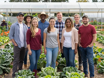 Diverse group of American farmers in a vegetable garden - inclusive farming community