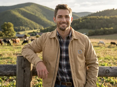 Caleb, a cattle rancher from Lewisburg West Virginia, standing by a fence in the Greenbrier Valley