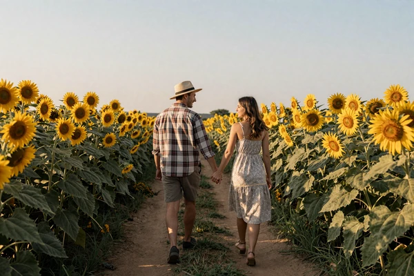 Couple walking through sunflower fields at golden hour - starting your farmer dating journey