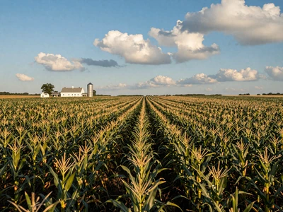 Iowa cornfield with farmhouse and grain bins for Iowa farmers dating