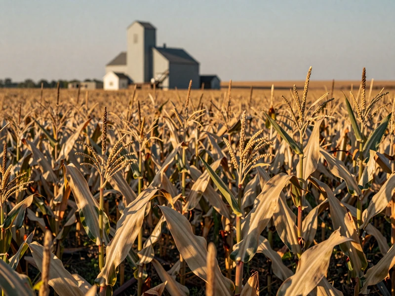 Golden corn stalks in an Illinois cornfield at late summer with grain elevator in background
