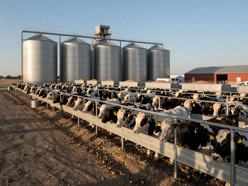Large modern cattle feedlot operation in Nebraska with organized pens and grain storage facilities