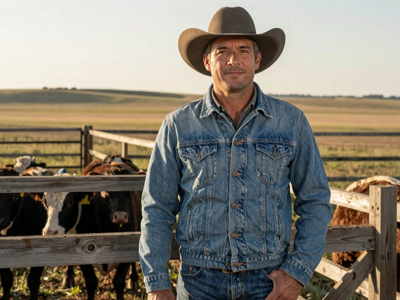 Garrett a successful Kansas rancher standing beside corral fence with Angus cattle in golden afternoon light