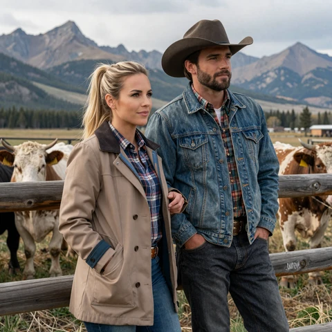 Beth and Clay standing together at a Montana cattle ranch with mountains in the background