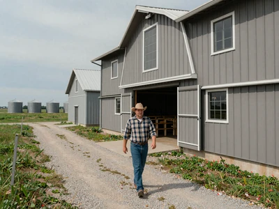 Modern hog production facility in southern Minnesota prairie with grain bins and flat farmland