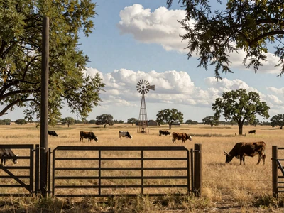 Texas ranch country with longhorn cattle grazing in a golden pasture near a windmill