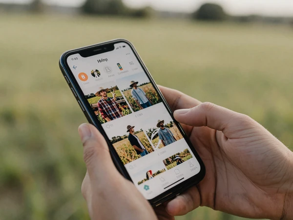 Smartphone showing a farm dating profile in a rural setting - learn how Farmstead Singles works