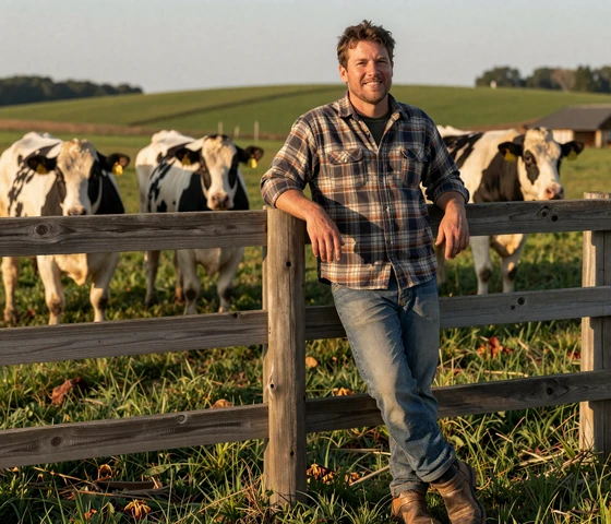 Wisconsin dairy farmer leaning on fence post with Holstein cows grazing in green pasture at golden hour