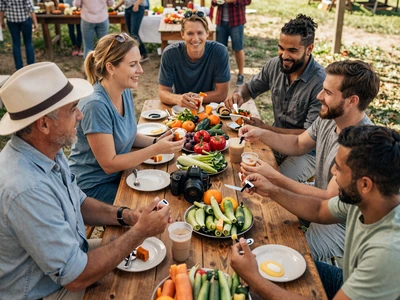 Diverse group of farmers sharing a meal at an outdoor community table - explore all niche dating communities