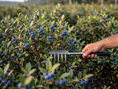 Wild blueberry barrens in Maine with ripe berries and harvest rake in Downeast region