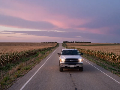 Pickup truck on a long country road through farmland at dusk - long distance rural dating