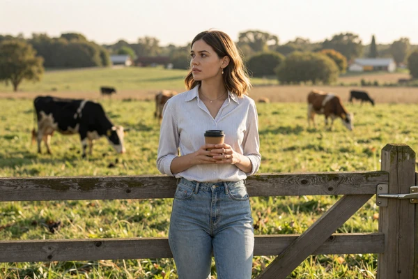 A city woman standing at a farm gate looking at pastures - dating tips for city singles