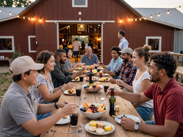 Diverse group of farmers sharing a meal at a community gathering outdoors under string lights