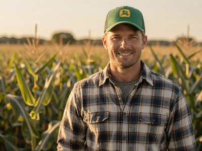 Travis, a corn and soybean farmer from Ames Iowa, standing in cornfield at golden hour