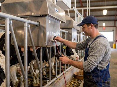 Minnesota dairy farmer working in modern milking parlor with Holstein cows in Stearns County