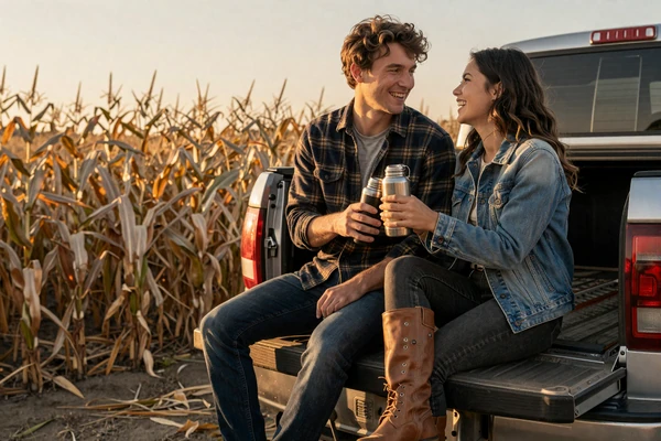 A couple sharing coffee on a truck tailgate in a cornfield at sunset - how to date a farmer