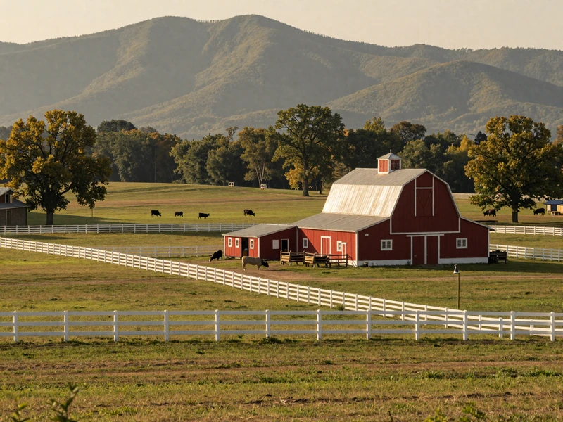 Tennessee rolling farmland with white fence and red barn and cattle for Tennessee farmers dating