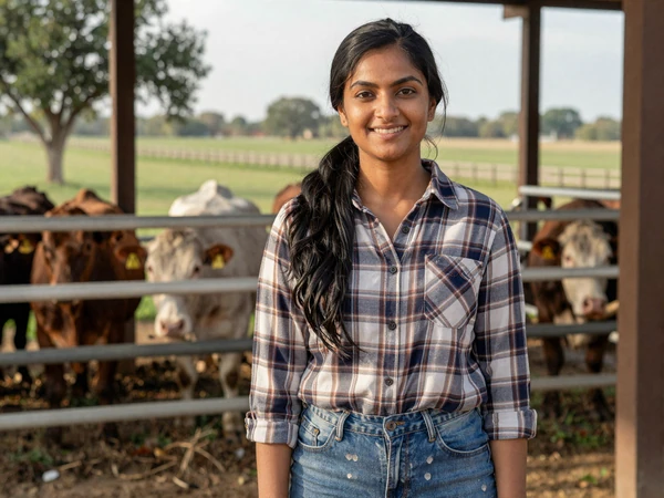 Priya, an Indian American dairy farmer standing near a barn in Central Texas with cattle in background