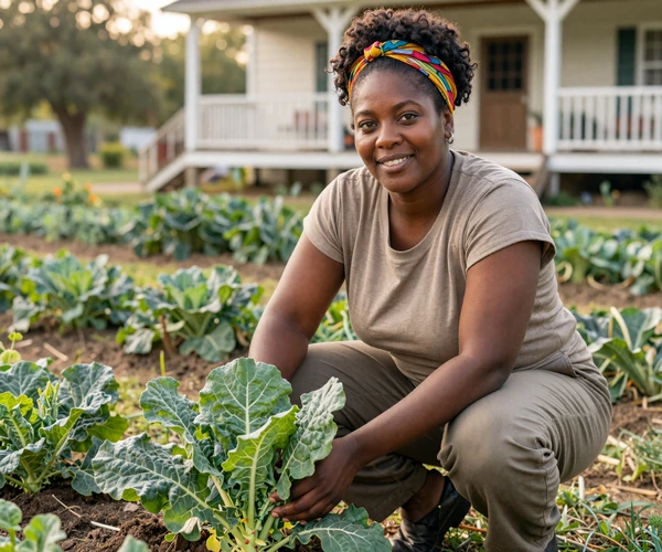 Black woman farmer harvesting fresh vegetables in her Southern garden - celebrating heritage in Black agricultural communities