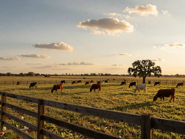 Texas ranch landscape at golden hour with cattle grazing in green pasture under big open sky
