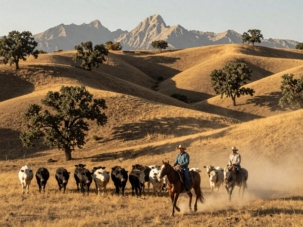 Cowboy on horseback herding cattle across golden California hills with oak trees and Sierra foothills