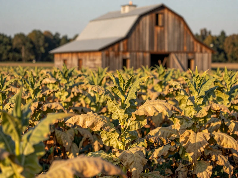 Mature tobacco leaves in a North Carolina Coastal Plain field with traditional wooden curing barn at golden hour