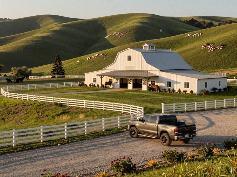 Luxury ranch estate with white fences and horse barn in rolling green hills at golden hour