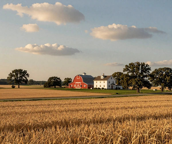 Golden wheat fields and red barn in New Jersey farmland evoking the historic Jewish agricultural heritage of Alliance Colony