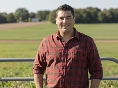 Derek, a hog farmer from Circleville Ohio, standing by a farm gate in central Ohio