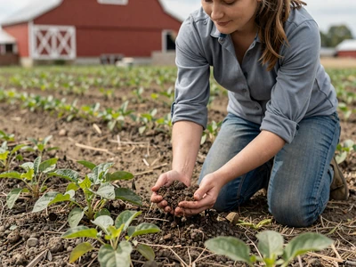 Young Wisconsin farmer examining healthy cover crop soil on a regenerative family farm