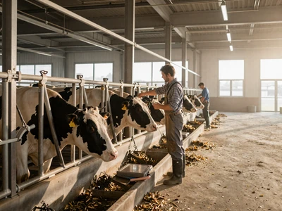 Holstein dairy cows in a modern Wisconsin milking parlor with farmer tending herd at dawn