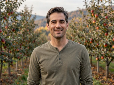 David, an orchardist from Charles Town West Virginia, standing in an apple orchard in the Eastern Panhandle