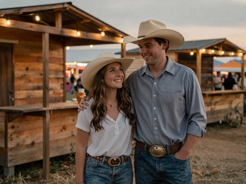 Couple at a Southern country fair with string lights representing country farmers dating lifestyle