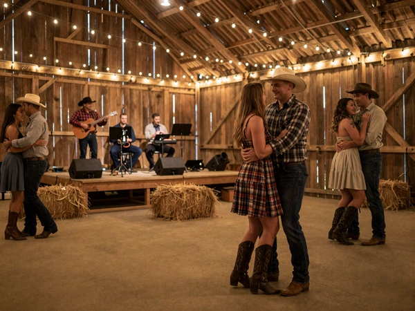 Couple dancing in a rustic barn with string lights and a live country band performing on stage
