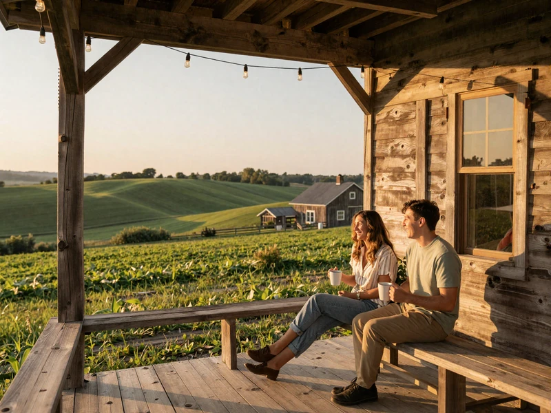 Happy couple on a farmhouse porch overlooking green farmland at sunset with warm golden light