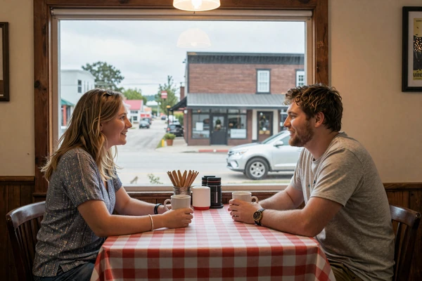 Two people having coffee in a small-town diner - farm dating safety first date tips