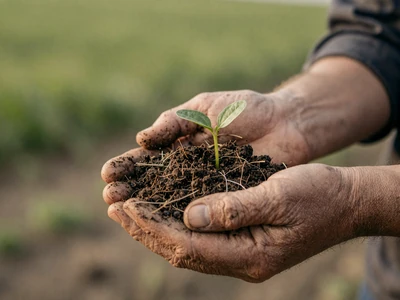 Farmer hands holding fresh soil with a seedling - authenticity in rural dating