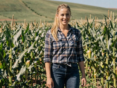 Sarah, a corn farmer from Kearney Nebraska, standing in a green cornfield in summer