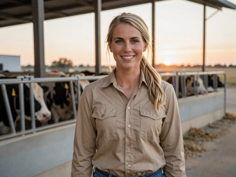 Rachel, a livestock nutritionist at a modern cattle facility in Kansas during sunset
