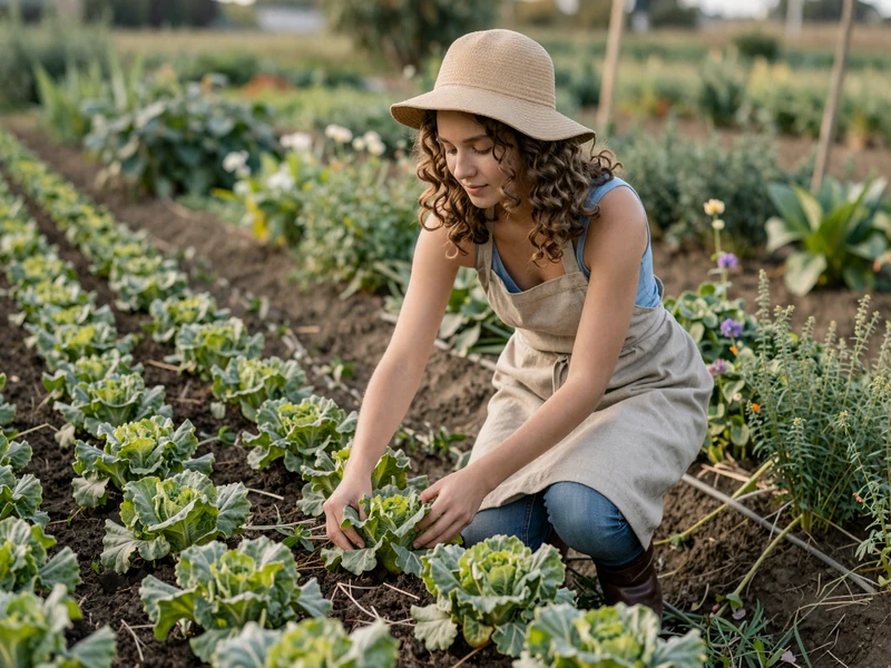 Young woman farmer tending organic vegetables in a lush garden representing the modern Jewish back-to-the-land movement