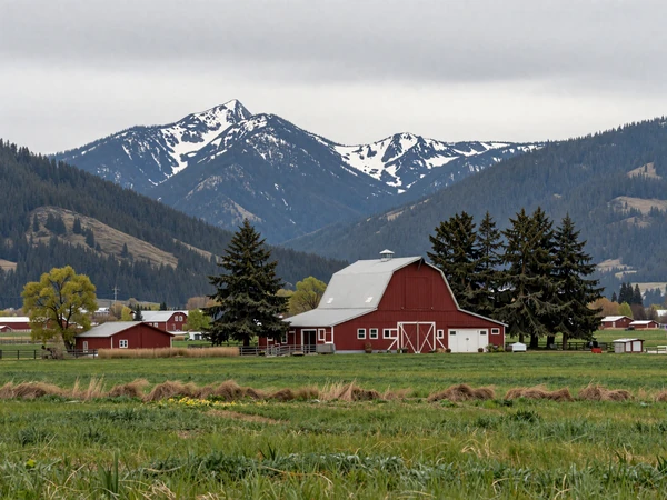 Oregon farmland with red barn among fir trees and snow-capped Cascade Range mountains in background