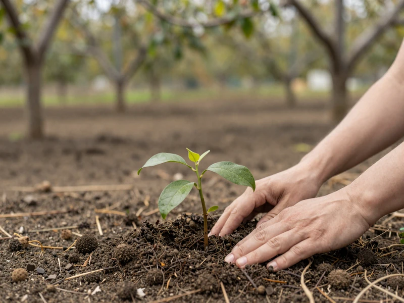 Hands planting a young fruit tree seedling in rich farm soil with orchard in background during spring