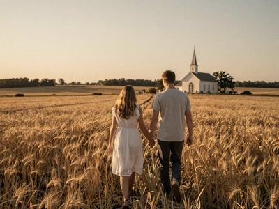 Couple walking through golden field at sunset with country church in distance representing Christian farmers dating